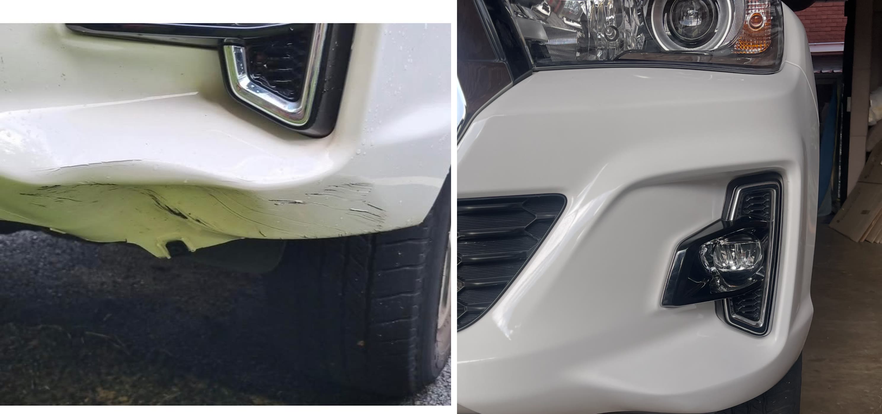 White SUV front bumper torn and scraped through the paint, repaired and cleared back to factory white