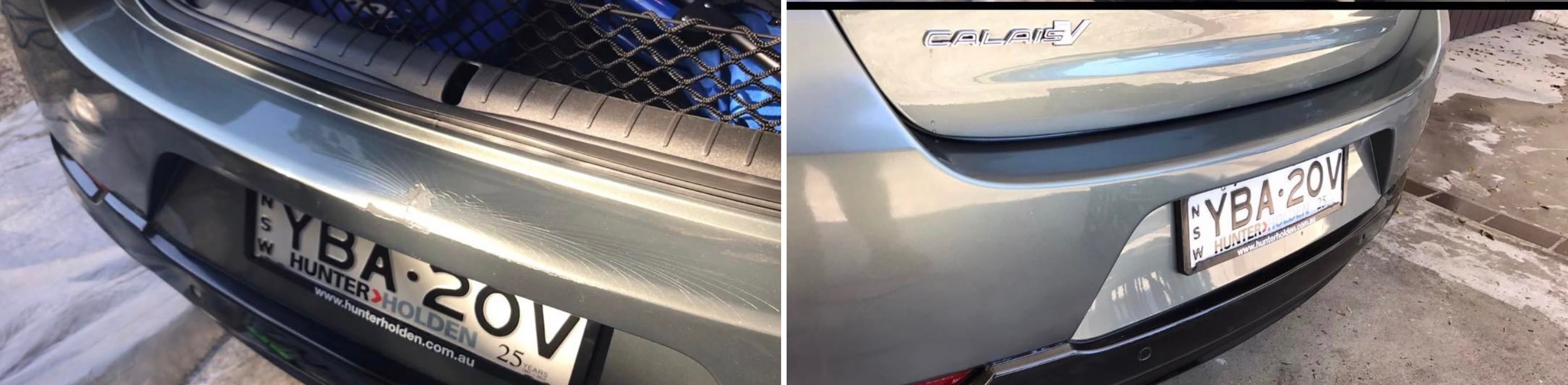 Silver Holden Calais rear bumper with a scrape and split, repaired and refinished back to factory silver
