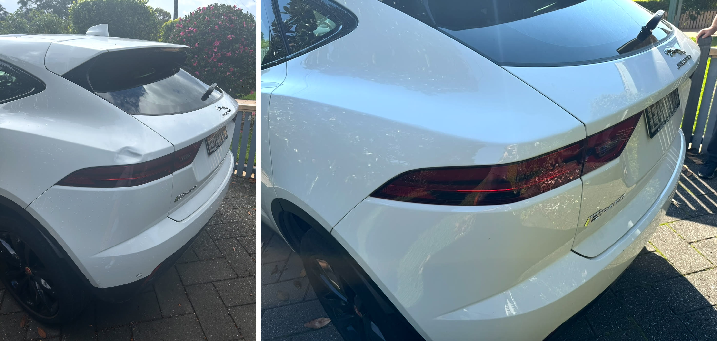 White Jaguar E-Pace with a dent on the rear quarter panel, repaired and blended back to factory white