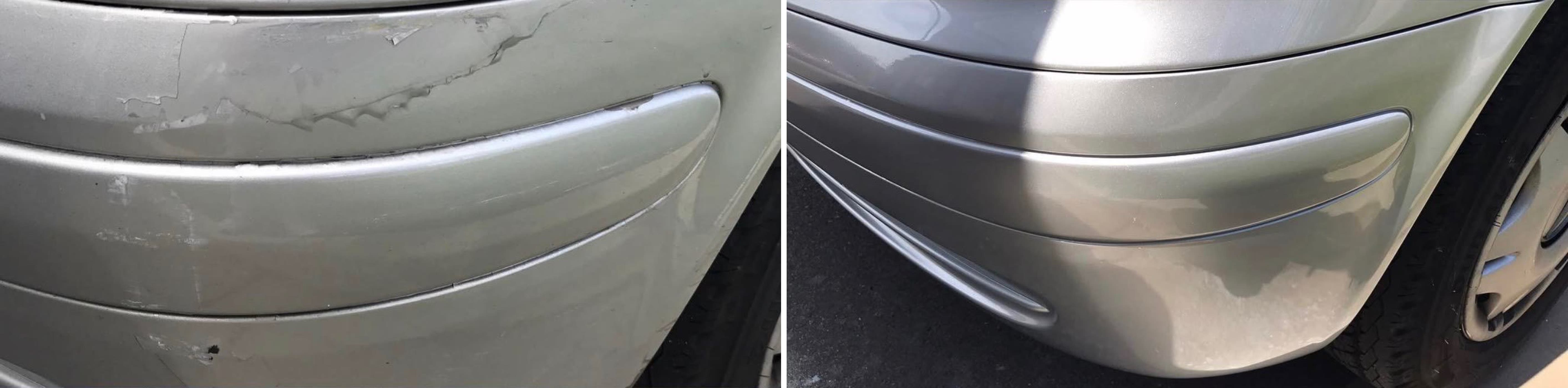 Silver Mercedes front bumper corner with cracked and peeling paint, sanded, primed and refinished back to factory silver