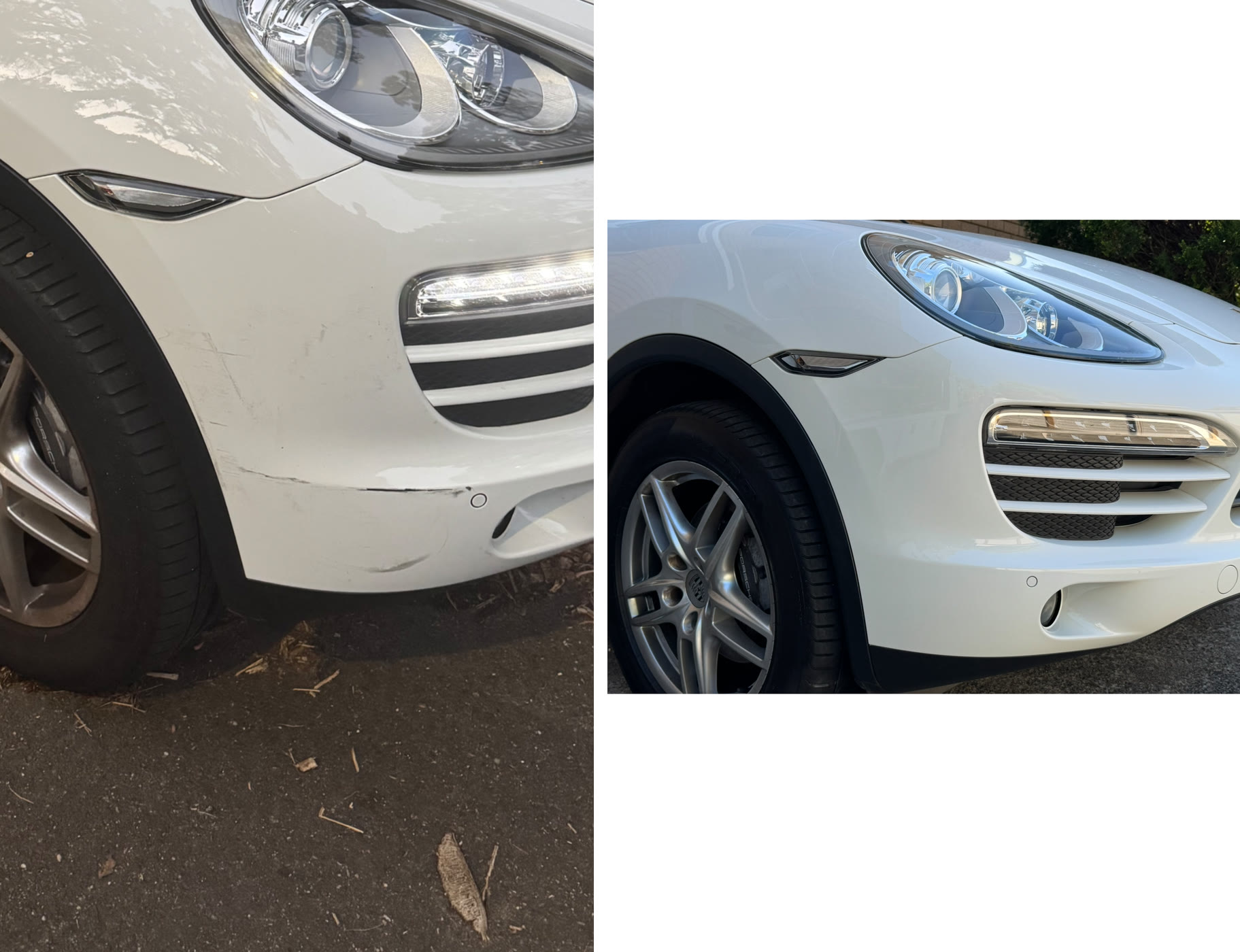 White Porsche Cayenne bumper scrape repaired in Dee Why