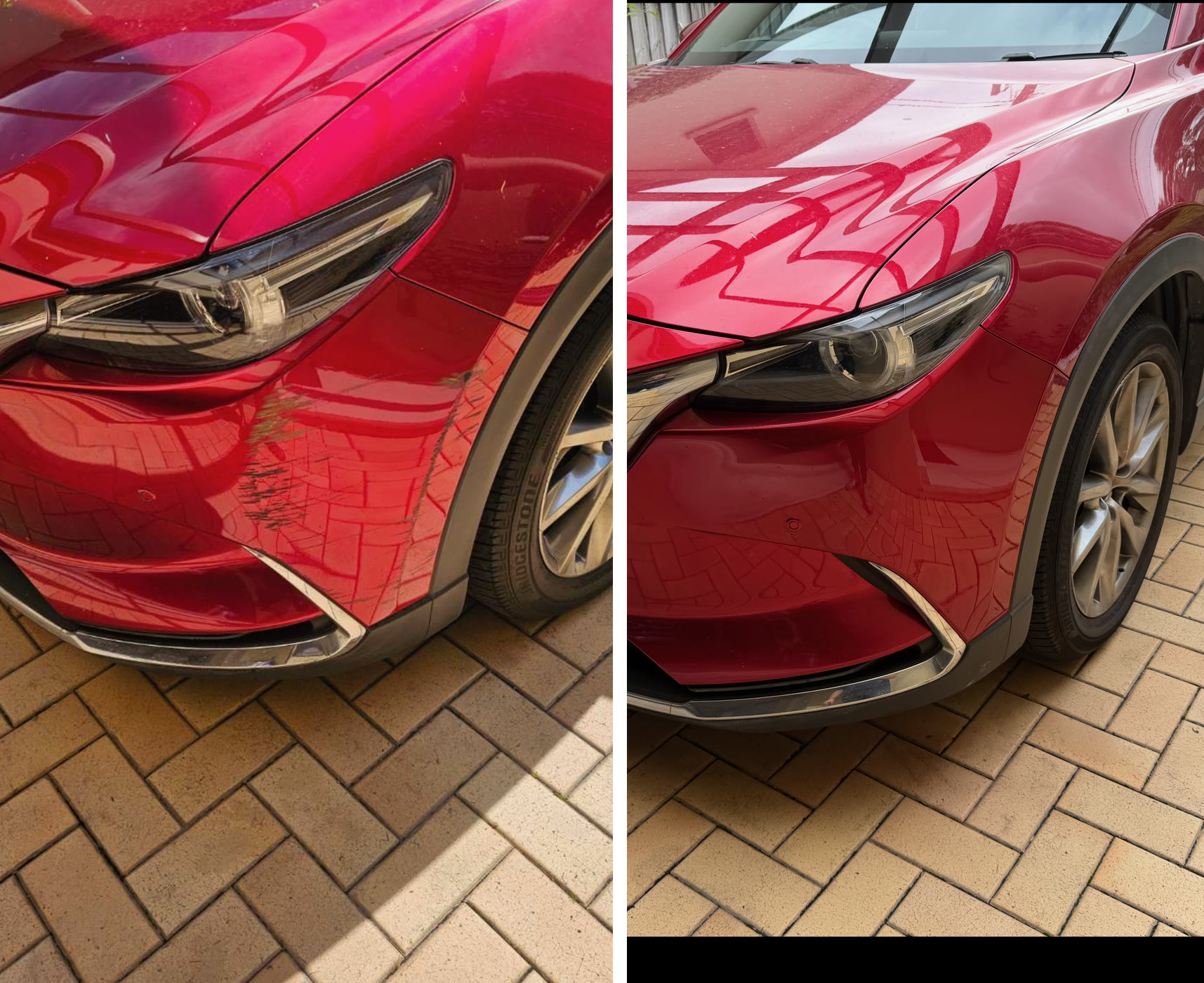 Red Mazda front-end scrape repaired in Ashfield