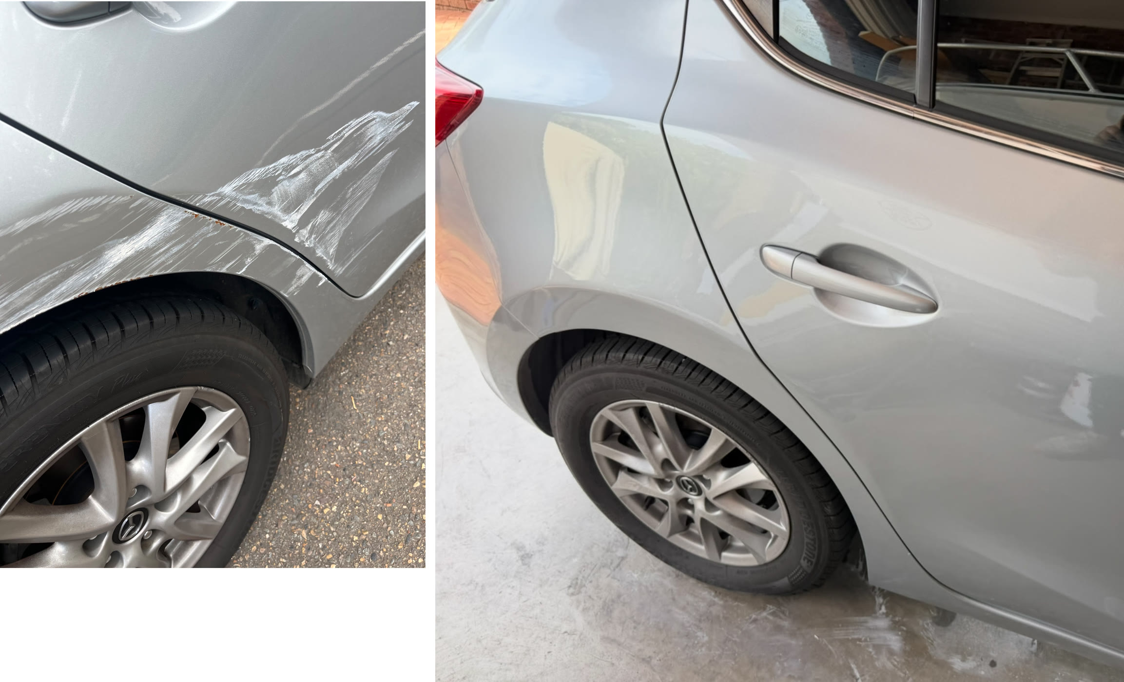 Silver Mazda rear quarter and door — dent and scratch repair, colour-matched