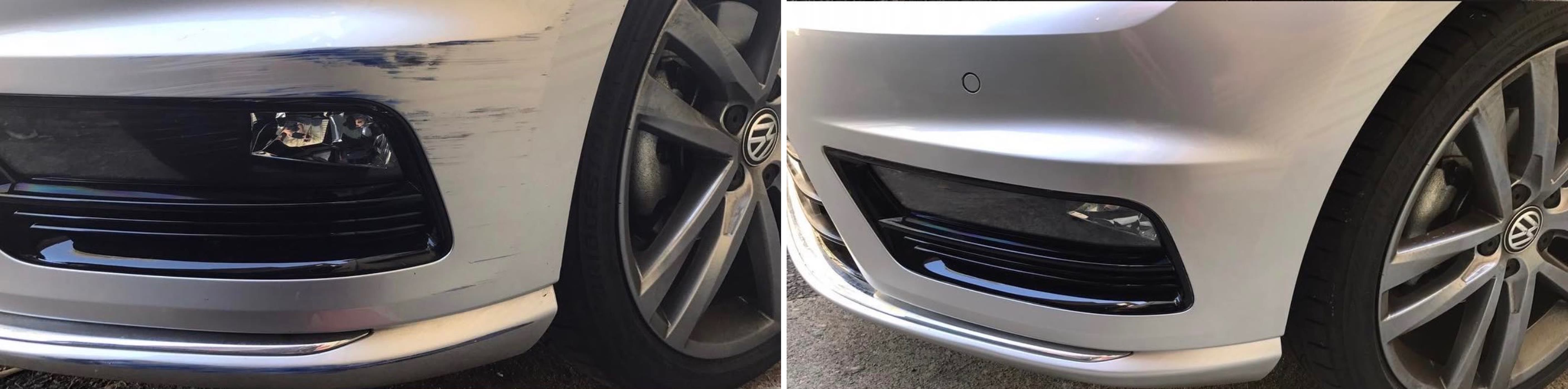 Silver Volkswagen front bumper with heavy black paint transfer and scrape, polished and repaired back to factory silver
