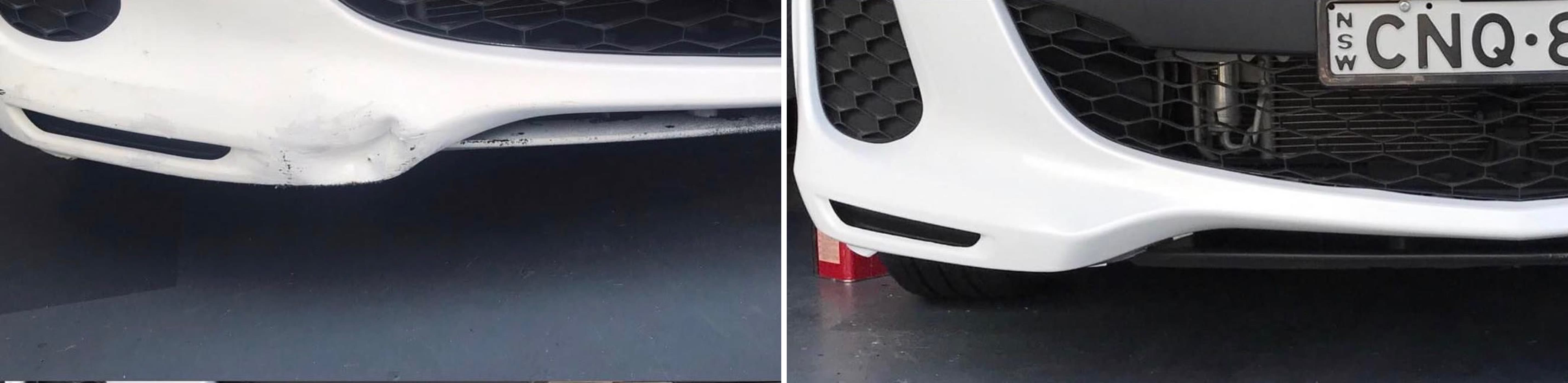 White car front bumper with a deep crease and scrape, repaired and refinished back to factory white